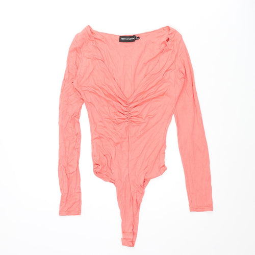 PRETTYLITTLETHING Womens Pink Viscose Bodysuit One-Piece Size 8 Snap - Rouched