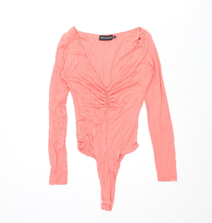 PRETTYLITTLETHING Womens Pink Viscose Bodysuit One-Piece Size 8 Snap - Rouched