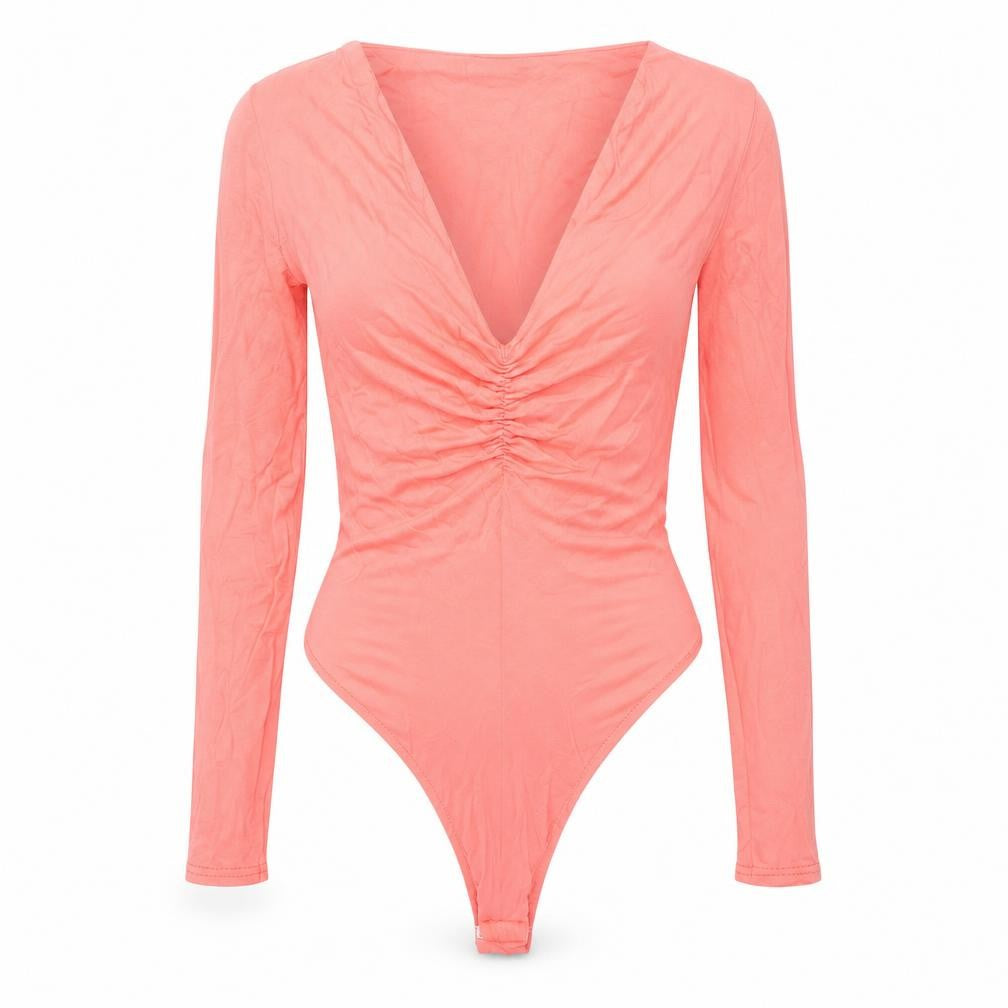 Front view of PRETTYLITTLETHING women’s pink viscose bodysuit one-piece, size UK 8, snap - rouched