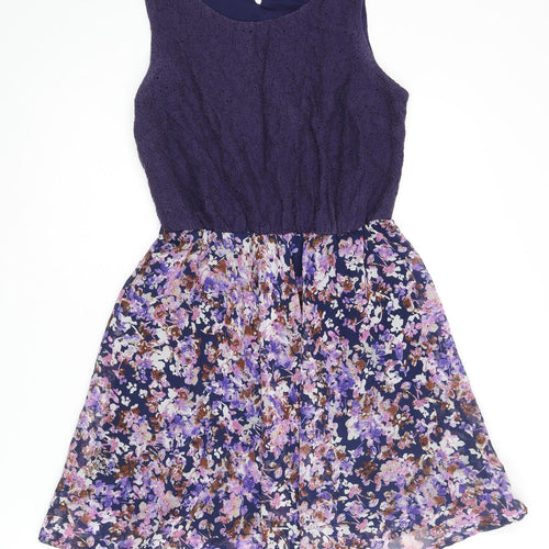 New Look Womens Purple Polyester A-Line Size 8 Round Neck Button - Floral Skirt