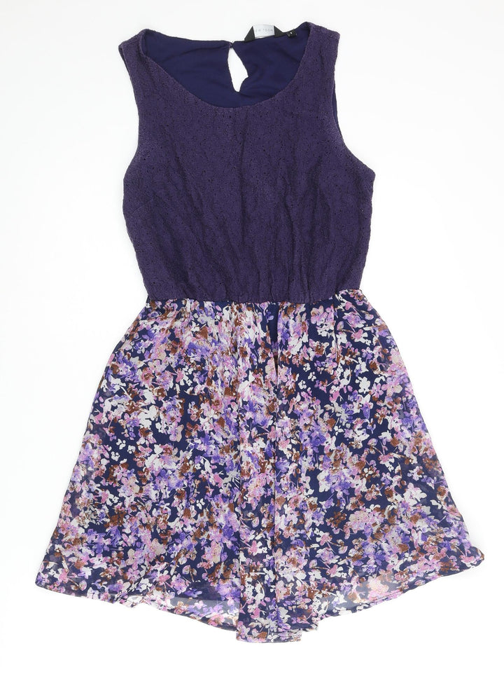 New Look Womens Purple Polyester A-Line Size 8 Round Neck Button - Floral Skirt