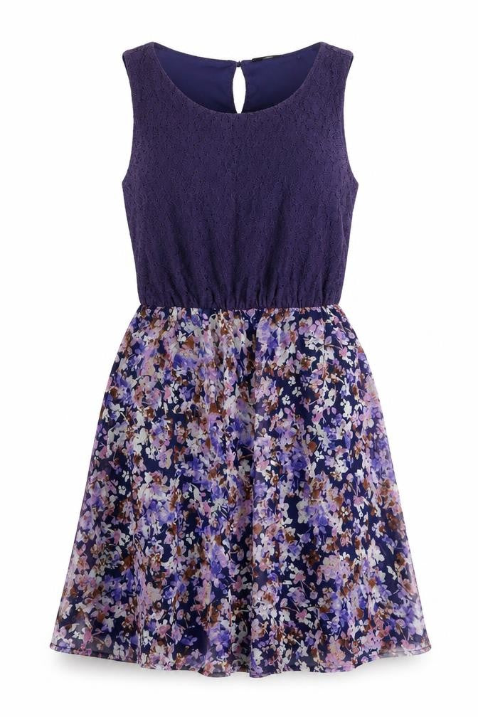 New Look Womens Purple Polyester A-Line Size 8 Round Neck Button - Floral Skirt