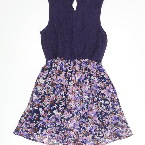 New Look Womens Purple Polyester A-Line Size 8 Round Neck Button - Floral Skirt