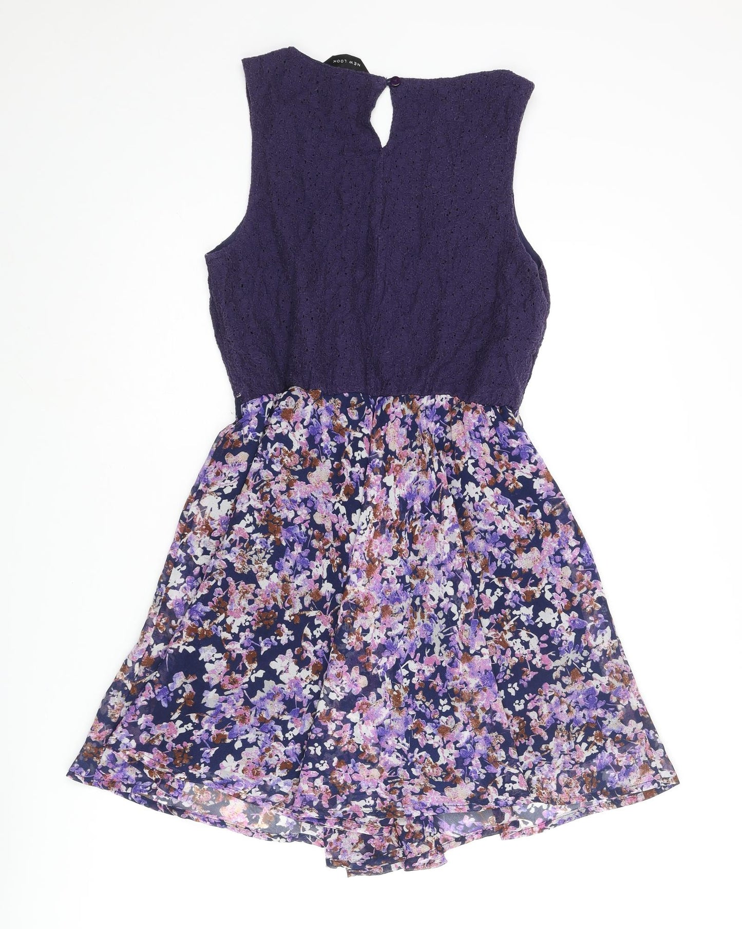 New Look Womens Purple Polyester A-Line Size 8 Round Neck Button - Floral Skirt