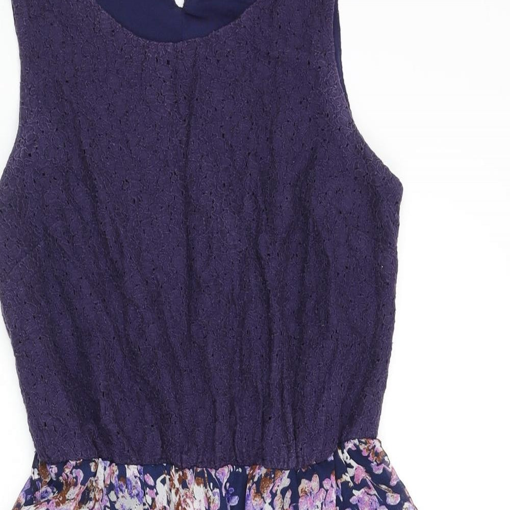 New Look Womens Purple Polyester A-Line Size 8 Round Neck Button - Floral Skirt