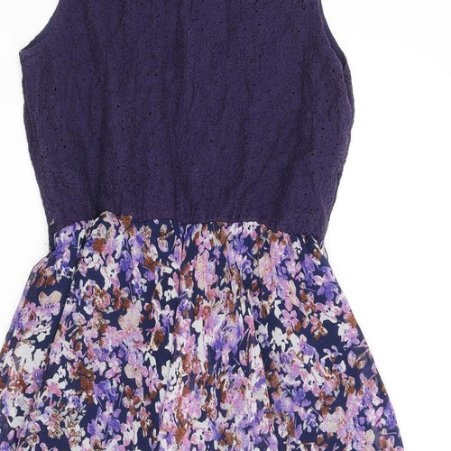 New Look Womens Purple Polyester A-Line Size 8 Round Neck Button - Floral Skirt