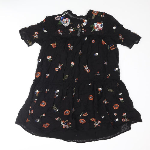 Zara Womens Black Polyester A-Line Size S Round Neck Button - Floral Embroidery Smocked