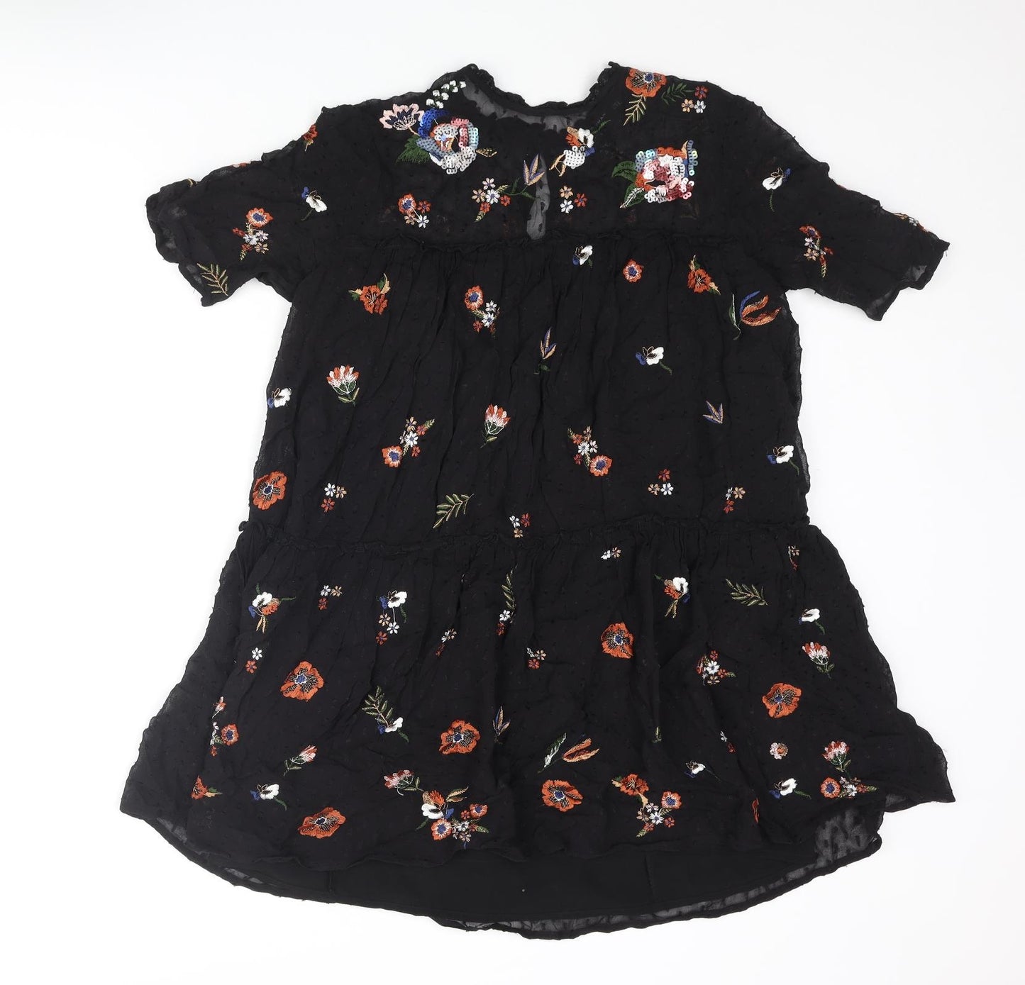 Zara Womens Black Polyester A-Line Size S Round Neck Button - Floral Embroidery Smocked