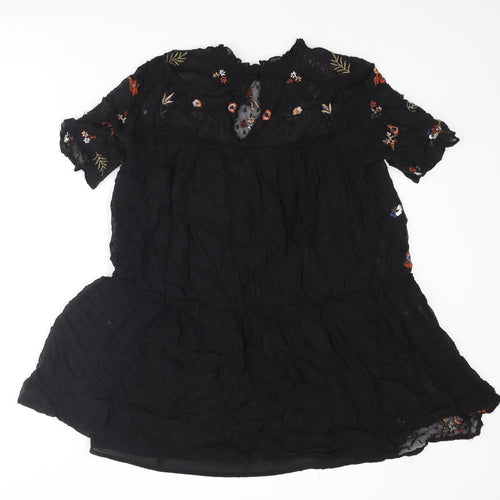 Zara Womens Black Polyester A-Line Size S Round Neck Button - Floral Embroidery Smocked