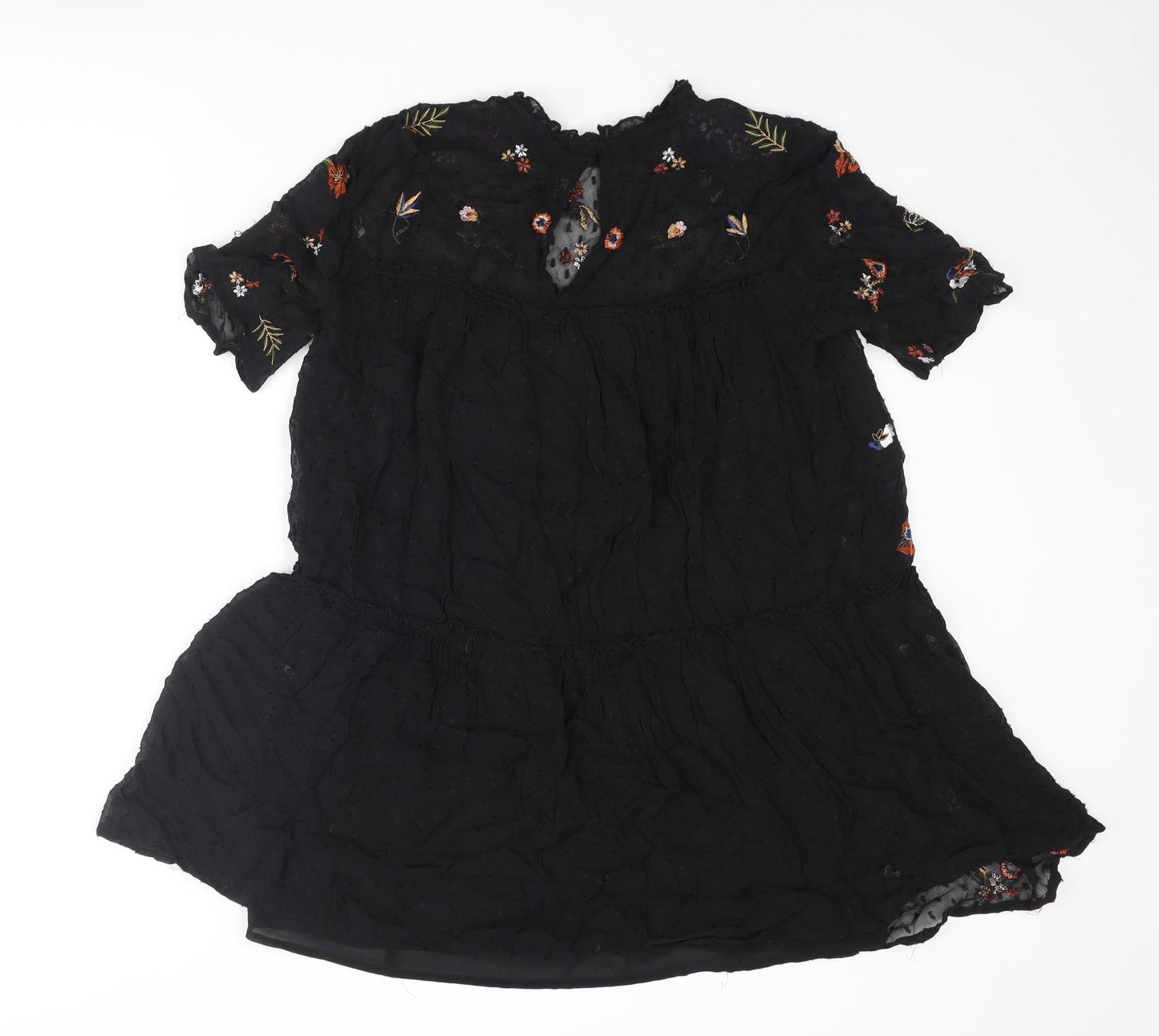 Zara Womens Black Polyester A-Line Size S Round Neck Button - Floral Embroidery Smocked