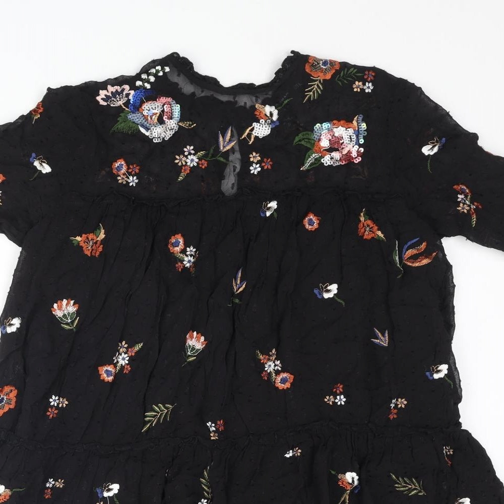 Zara Womens Black Polyester A-Line Size S Round Neck Button - Floral Embroidery Smocked