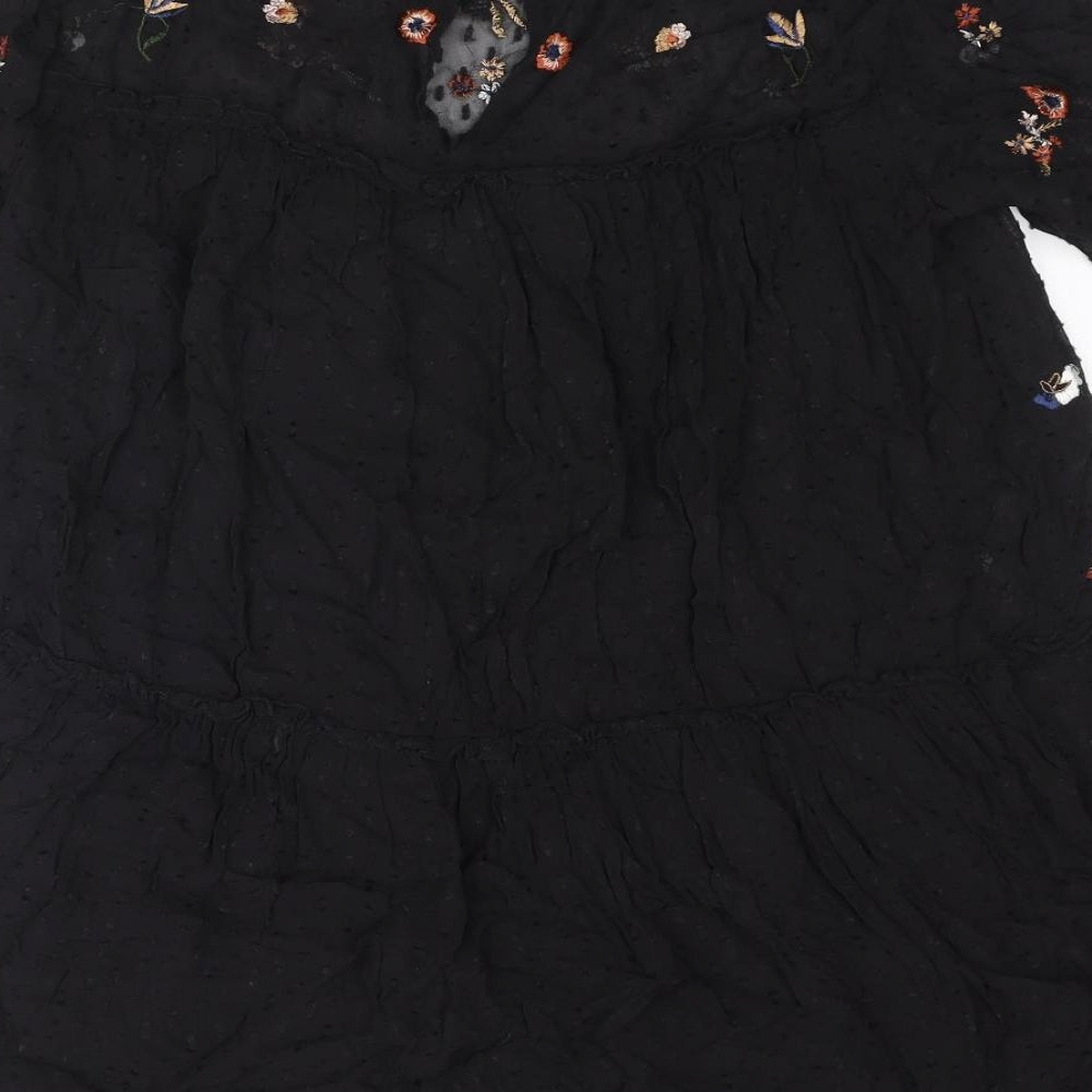 Zara Womens Black Polyester A-Line Size S Round Neck Button - Floral Embroidery Smocked
