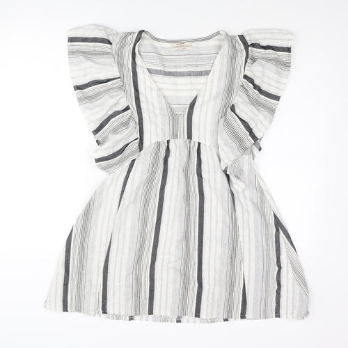 Pull&Bear Womens Grey Striped Polyester A-Line Size S V-Neck Pullover - Frill