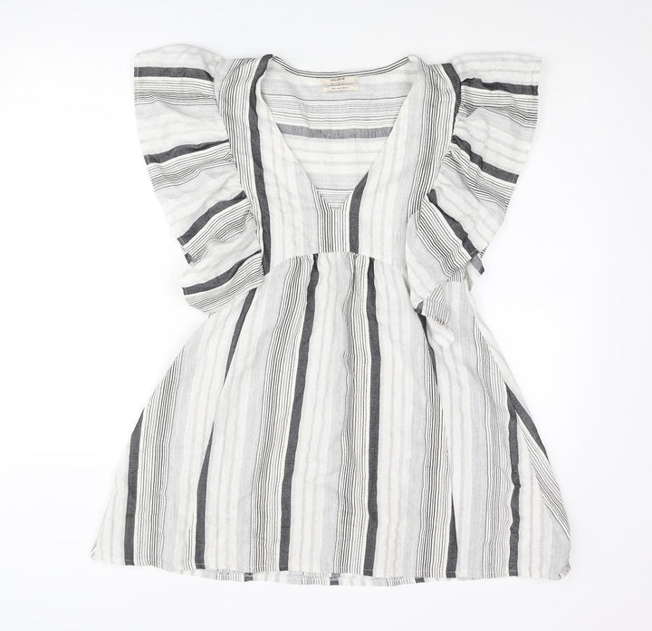Pull&Bear Womens Grey Striped Polyester A-Line Size S V-Neck Pullover - Frill