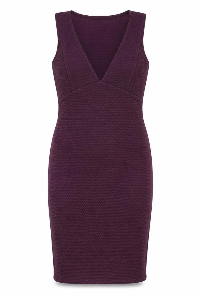 Front view of Boohoo women’s purple polyester bodycon, size UK 10, v-neck pullover - textured