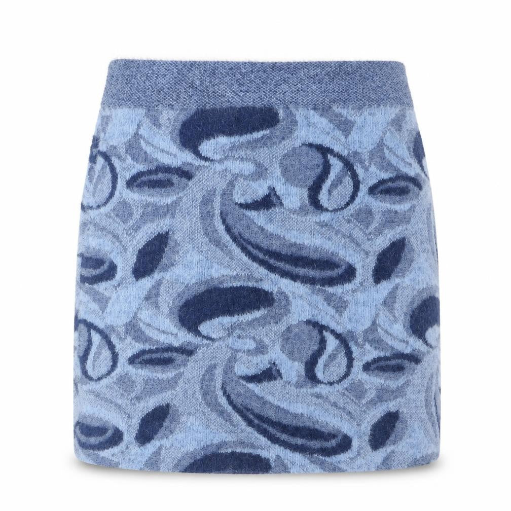 Front view of Zara women’s blue geometric polyamide mini skirt, size S