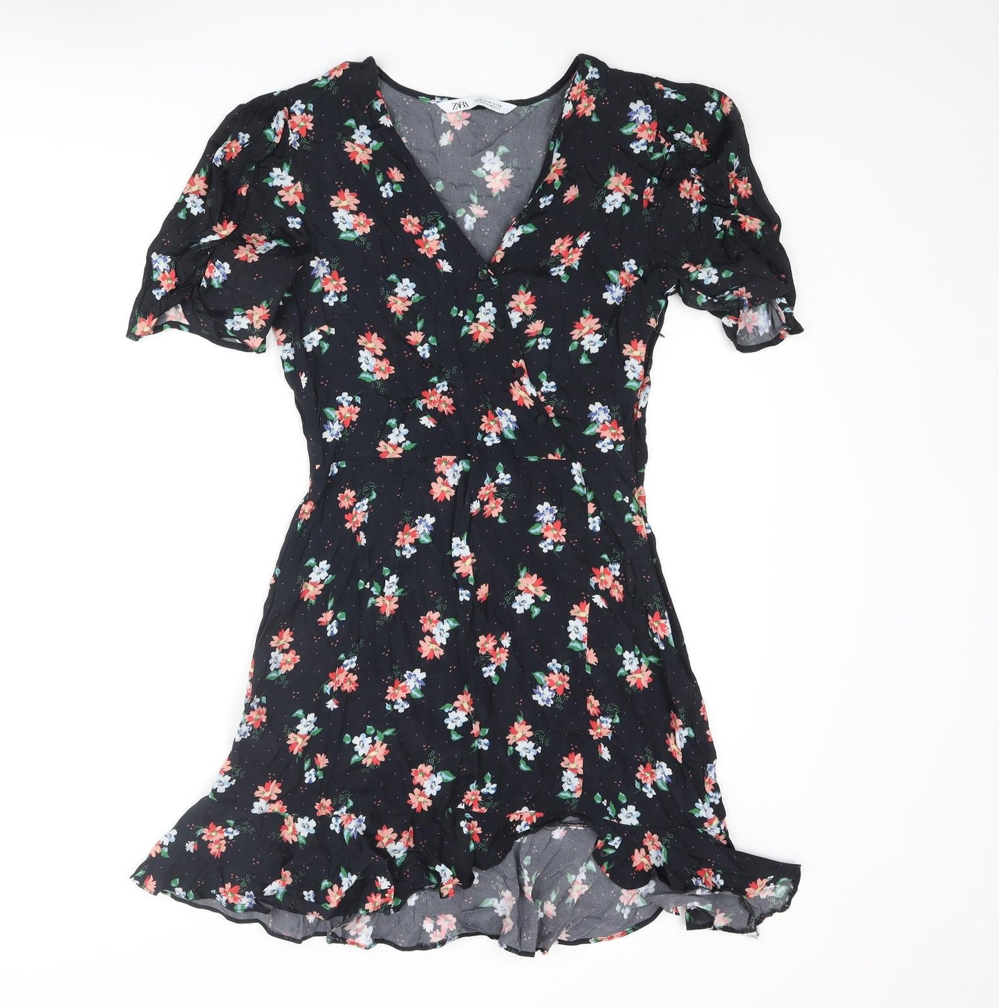 Zara Womens Blue Floral Polyester Wrap Dress Size M V-Neck Zip - Button Frill