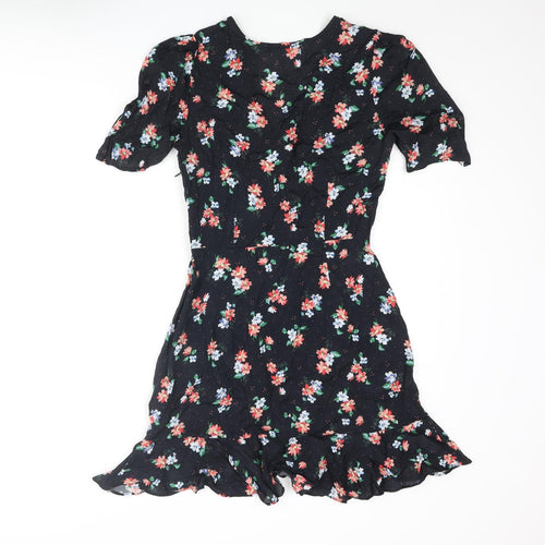 Zara Womens Blue Floral Polyester Wrap Dress Size M V-Neck Zip - Button Frill