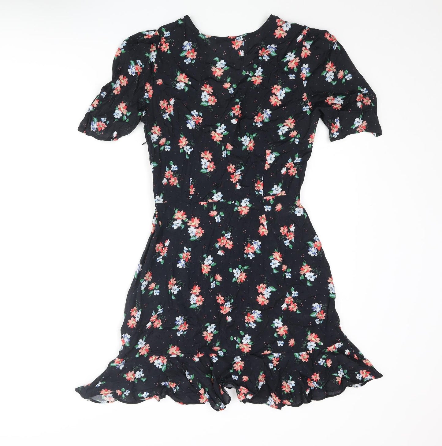 Zara Womens Blue Floral Polyester Wrap Dress Size M V-Neck Zip - Button Frill