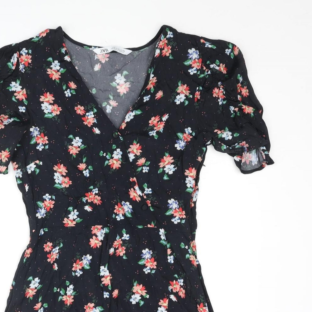 Zara Womens Blue Floral Polyester Wrap Dress Size M V-Neck Zip - Button Frill