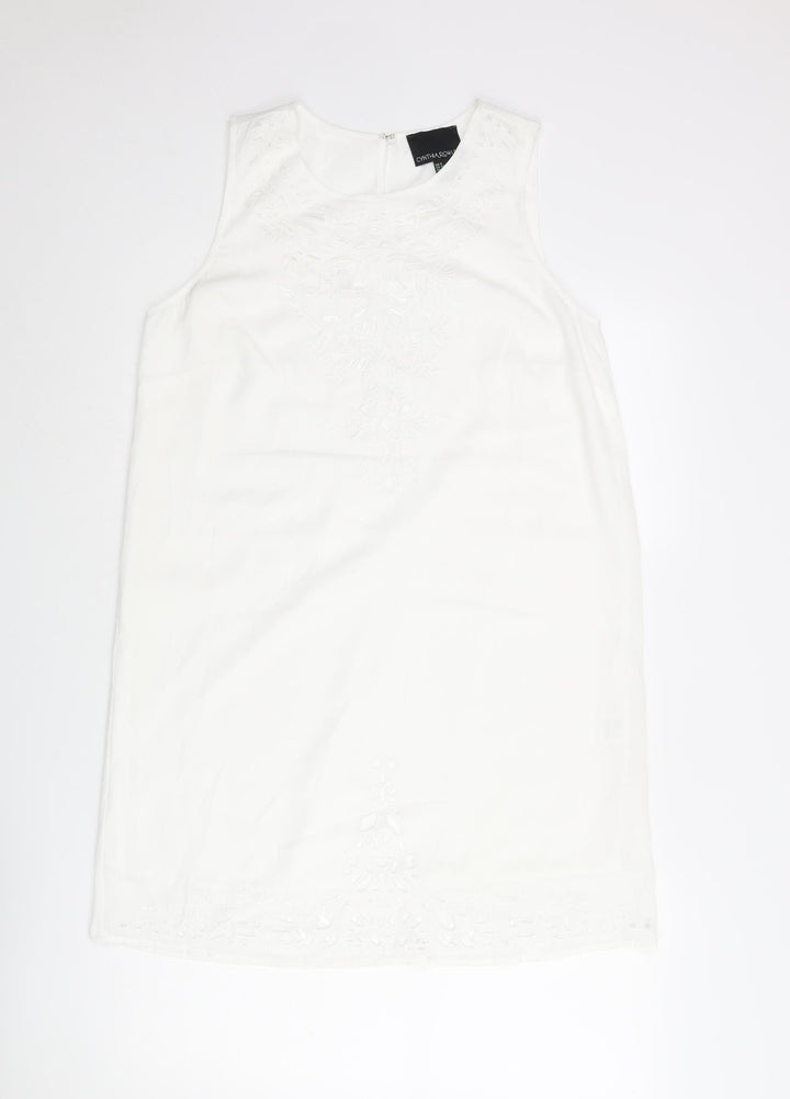 Cynthia Rowley Womens White Polyester Shift Size 10 Round Neck Button - Cut Out Detail