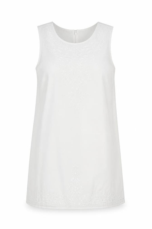 Front view of Cynthia Rowley women’s white polyester shift, size UK 10, round neck button - cut out detail