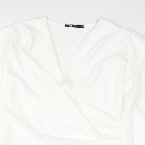 Zara Womens White Polyester Basic Blouse Size L V-Neck - Cowl Front