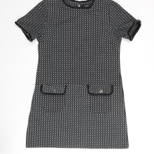 Miss Selfridge Womens Black Geometric Polyester Shift Size 12 Round Neck Button