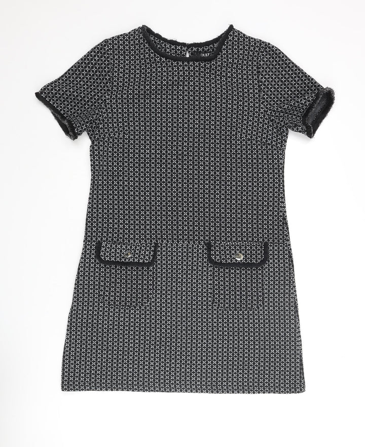 Miss Selfridge Womens Black Geometric Polyester Shift Size 12 Round Neck Button
