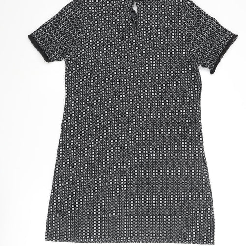 Miss Selfridge Womens Black Geometric Polyester Shift Size 12 Round Neck Button