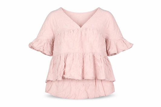 Front view of ASOS women’s pink polyester basic blouse, size UK 6, v-neck - smocked