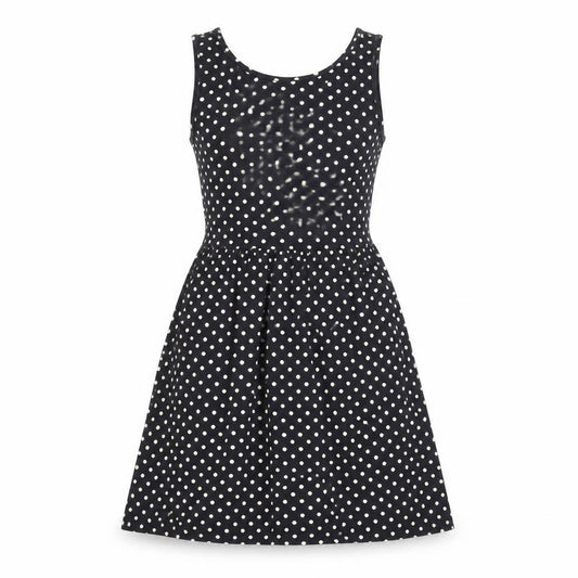 Front view of Only women’s black polka dot polyester a-line, size S, round neck pullover