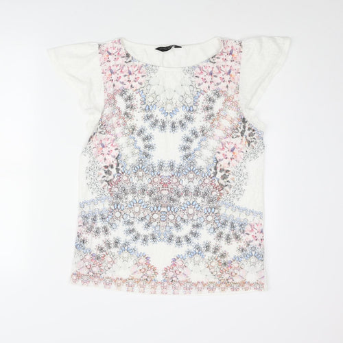 Dorothy Perkins Womens White Polyester Basic Blouse Size 12 Round Neck - Gemstone Print
