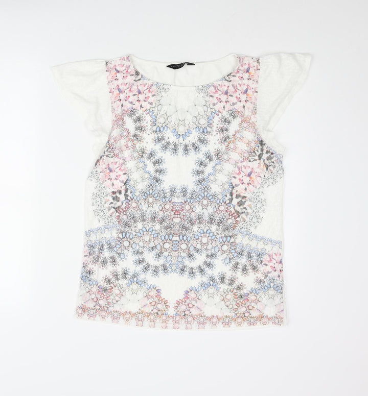 Dorothy Perkins Womens White Polyester Basic Blouse Size 12 Round Neck - Gemstone Print