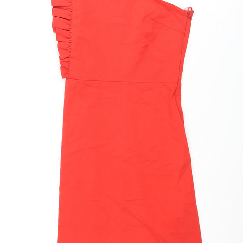 Zara Womens Red Cotton A-Line Size XS One Shoulder Zip - Frill