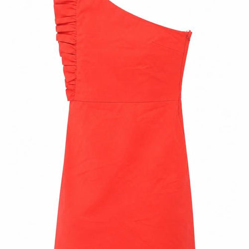 Zara Womens Red Cotton A-Line Size XS One Shoulder Zip - Frill