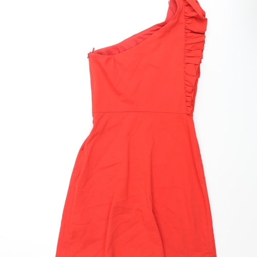 Zara Womens Red Cotton A-Line Size XS One Shoulder Zip - Frill