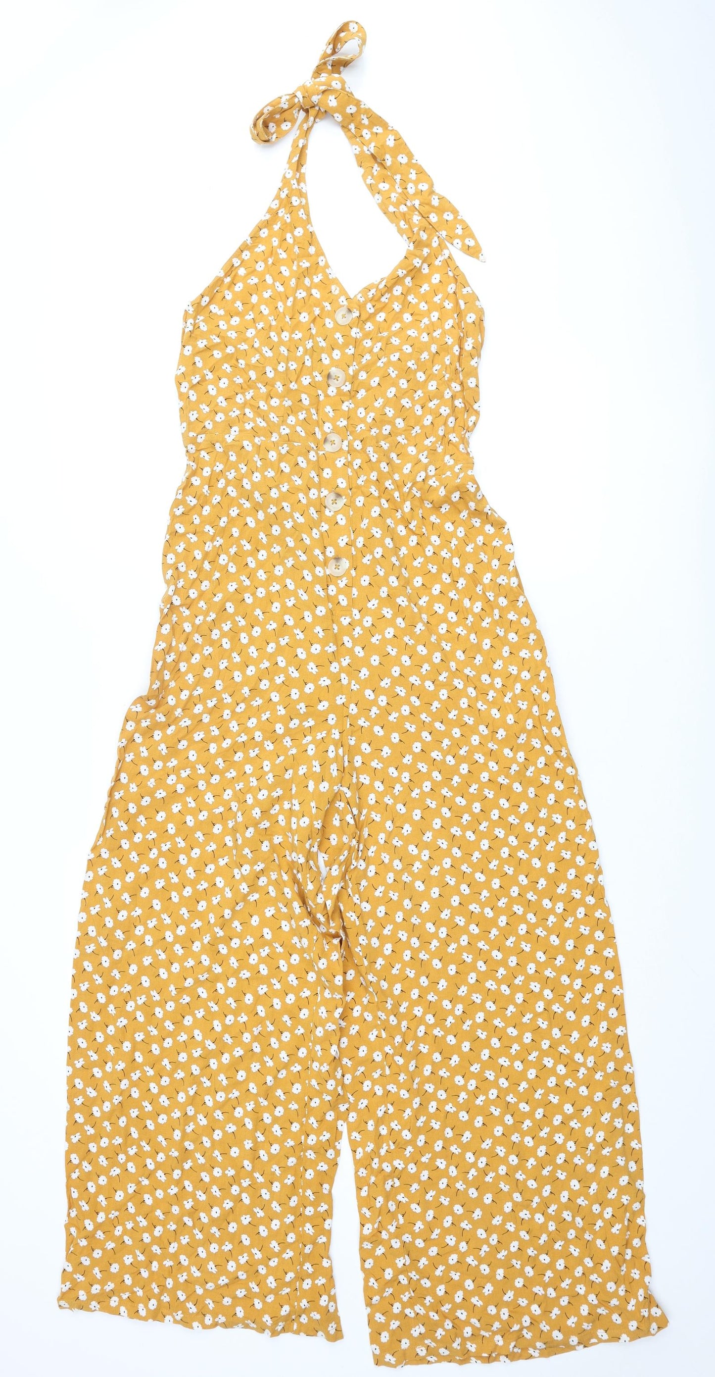 New Look Womens Yellow Floral Viscose Jumpsuit One-Piece Size 12 L27 in Button