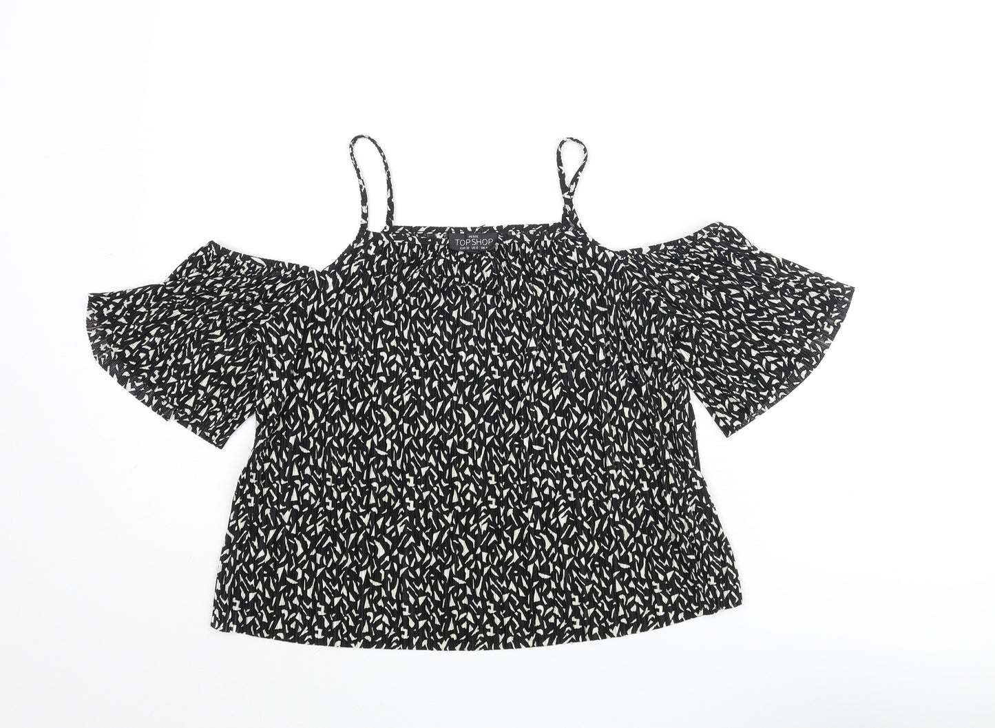 Topshop Womens Black Geometric Polyester Basic Blouse Size 4 Square Neck - Cold Shoulder
