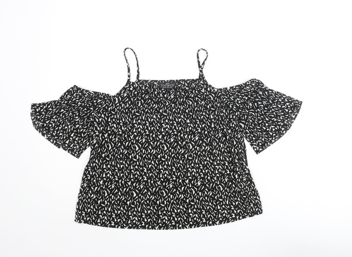 Topshop Womens Black Geometric Polyester Basic Blouse Size 4 Square Neck - Cold Shoulder