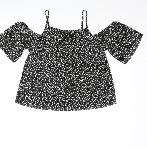 Topshop Womens Black Geometric Polyester Basic Blouse Size 4 Square Neck - Cold Shoulder