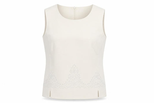 Front view of Country Casuals women’s beige polyester basic blouse, size UK 12, round neck