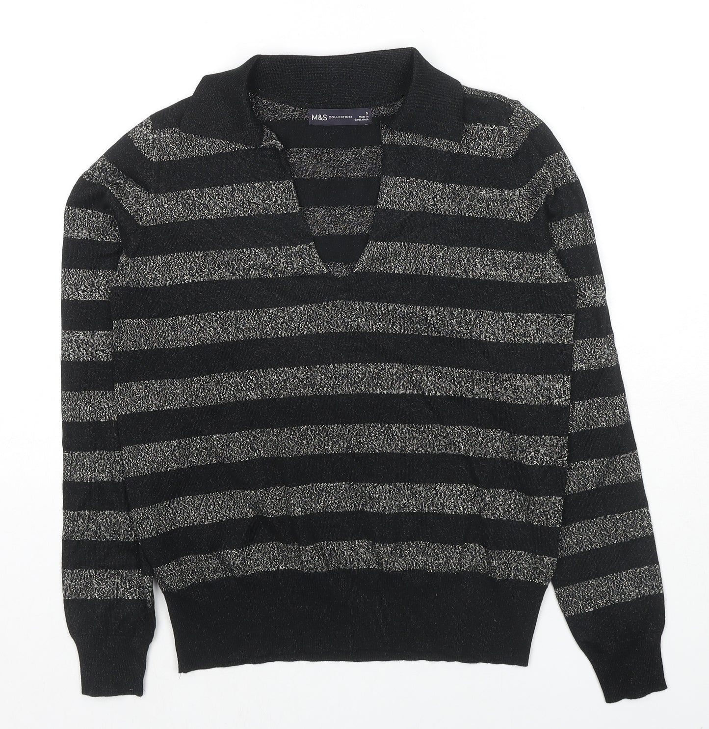 Marks and Spencer Womens Black Collared Striped Viscose Pullover Jumper Size S