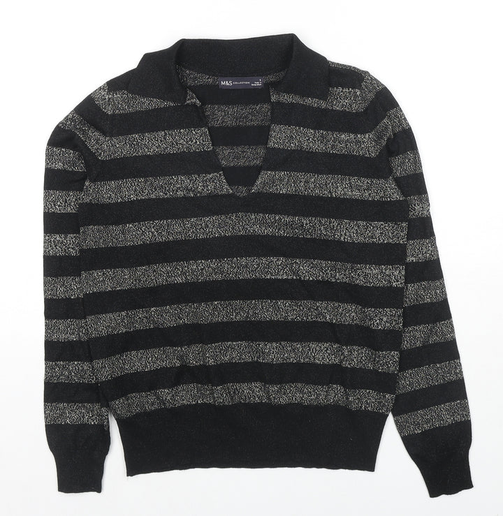 Marks and Spencer Womens Black Collared Striped Viscose Pullover Jumper Size S