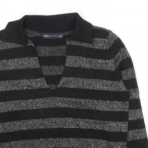 Marks and Spencer Womens Black Collared Striped Viscose Pullover Jumper Size S