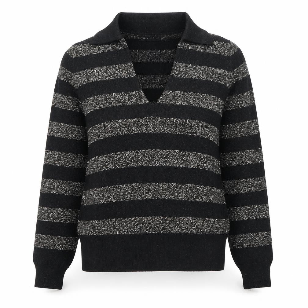 Front view of Marks & Spencer women’s black collared striped viscose jumper, size S