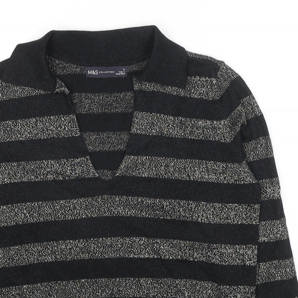 Marks and Spencer Womens Black Collared Striped Viscose Pullover Jumper Size S