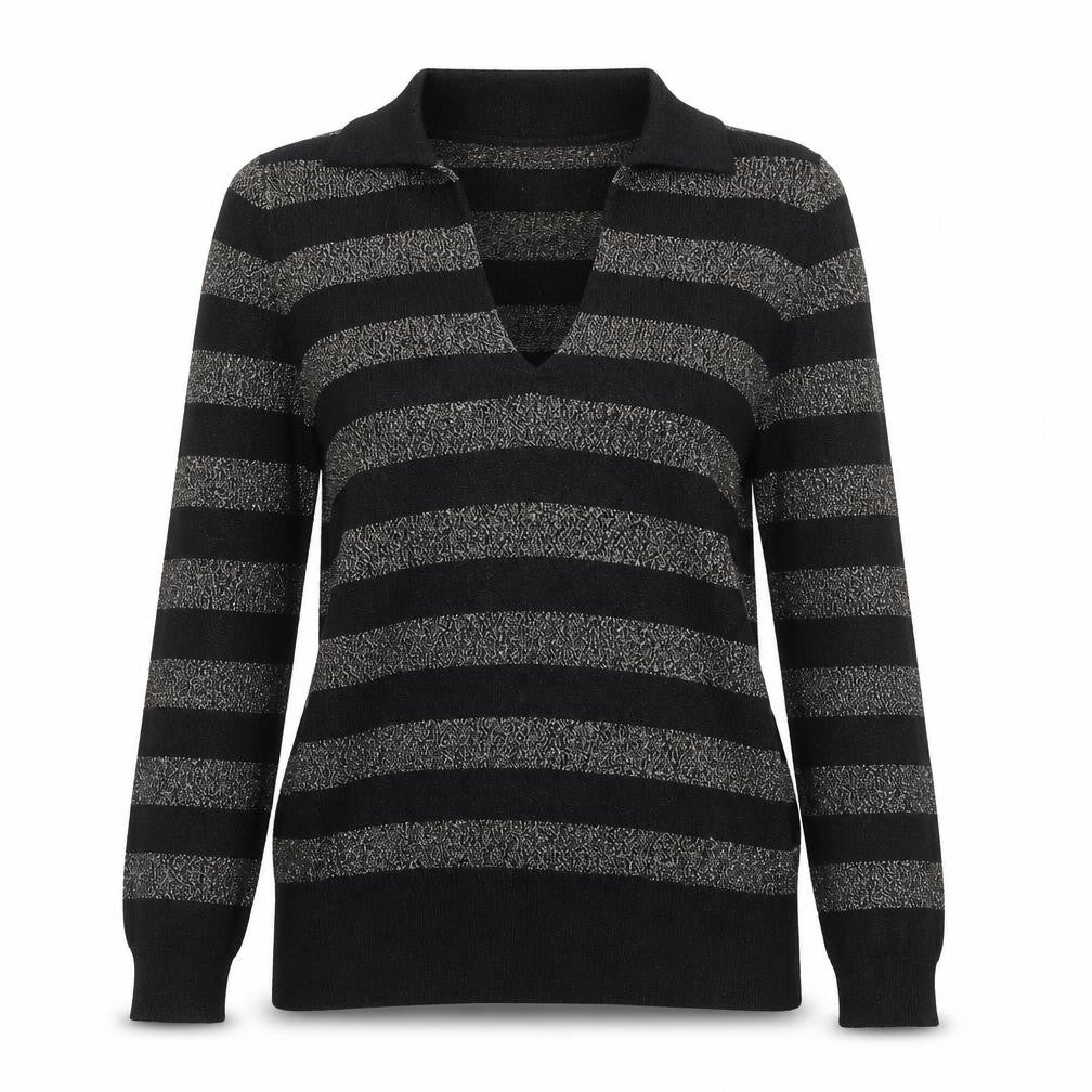 Front view of Marks & Spencer women’s black collared striped viscose jumper, size S