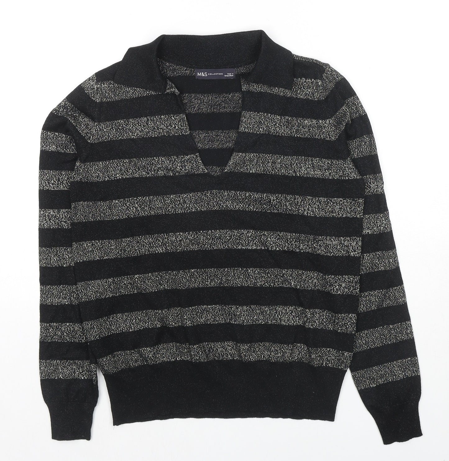 Marks and Spencer Womens Black Collared Striped Viscose Pullover Jumper Size M