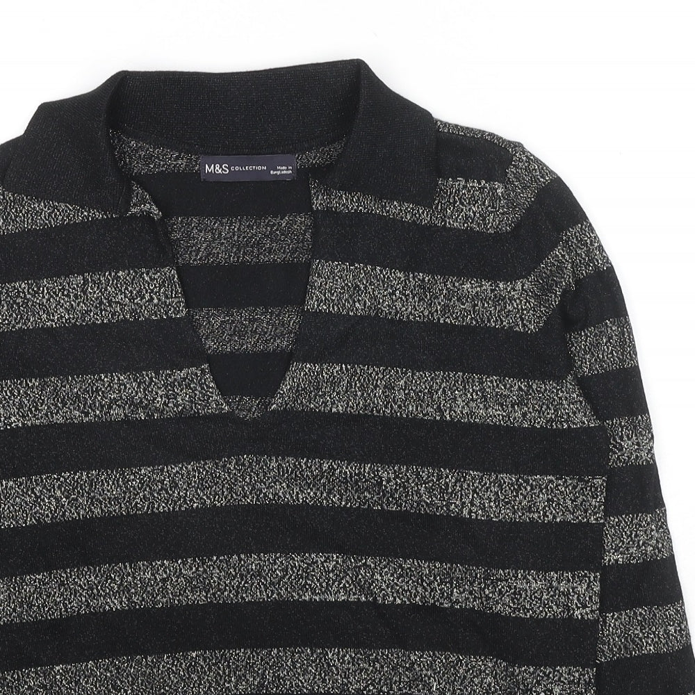 Marks and Spencer Womens Black Collared Striped Viscose Pullover Jumper Size XS